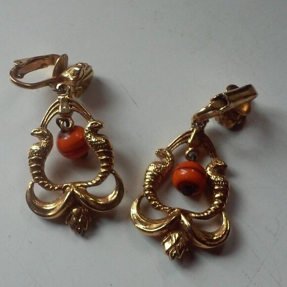 Gold Clip On Earrings With Orange Hanging Bead Hangs 1 3/4' - Picture 2 of 2